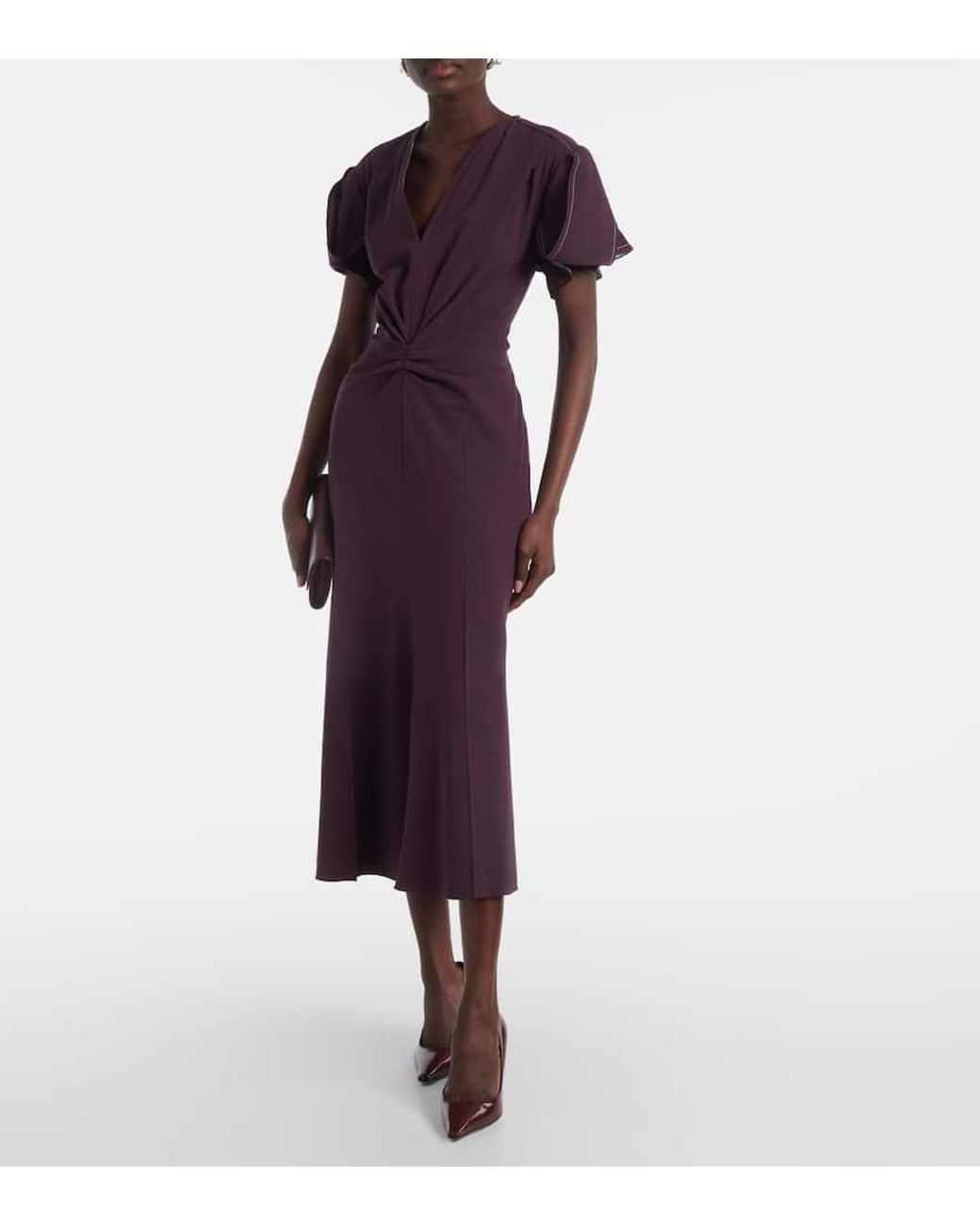 Victoria Beckham Purple Wool-Blend Gathered-Waist Midi Dress