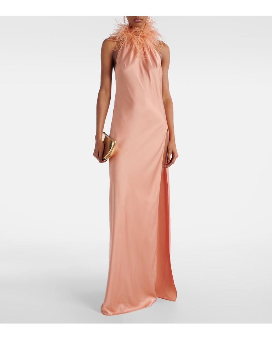 The New Arrivals Ilkyaz Ozel Orange Jazzy Feather-Trimmed Satin Gown