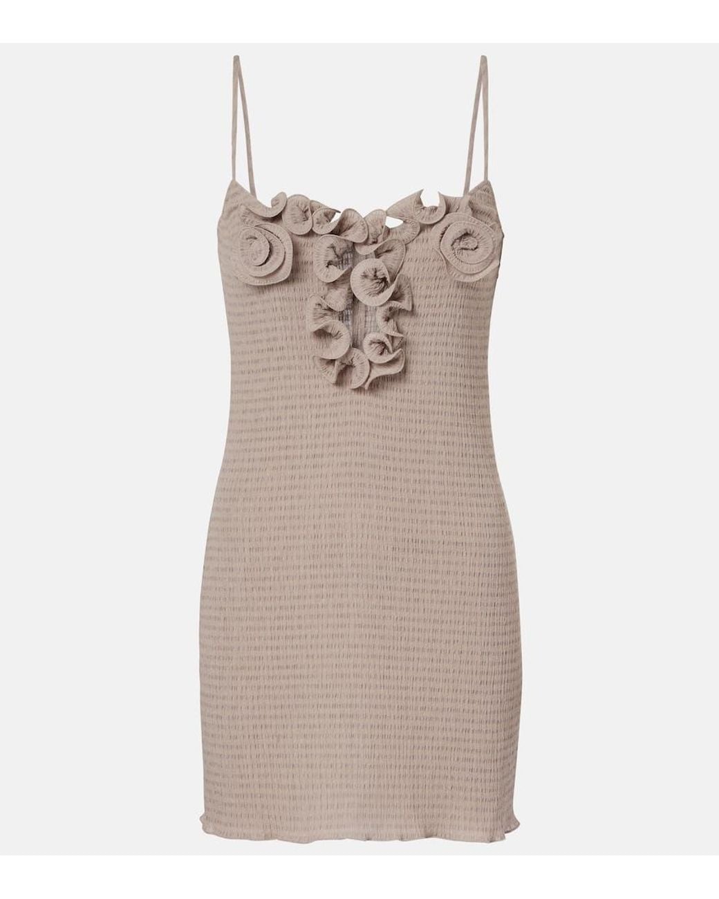 Magda Butrym Natural Floral-Applique Shirred Crepe Minidress