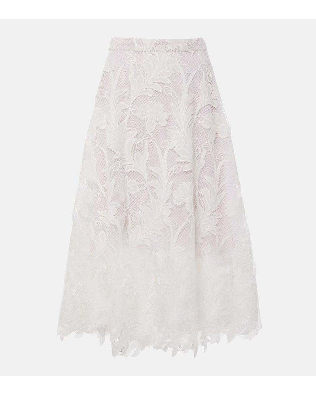Oscar de la Renta White Floral Guipure Lace Midi Skirt