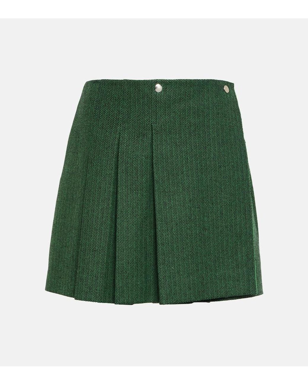 Plan C Green Pleated Wool-Blend Miniskirt