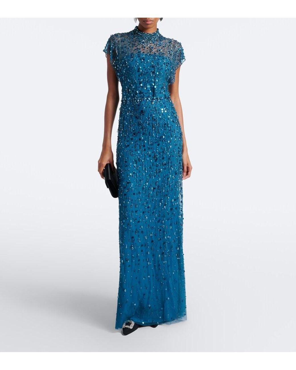 Jenny Packham Blue Crystal Drop Embellished Gown
