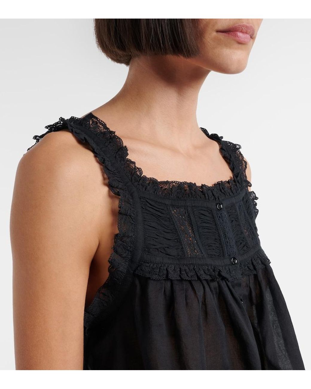 Doen Black Fidella Lace-Trimmed Cotton Top