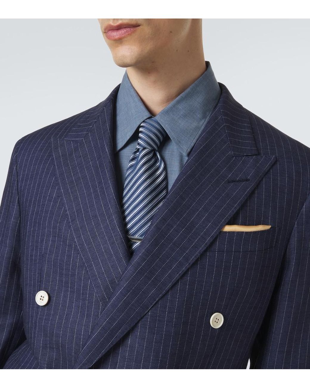 Dunhill Blue Pinstripe Double-Breasted Linen Blazer for men