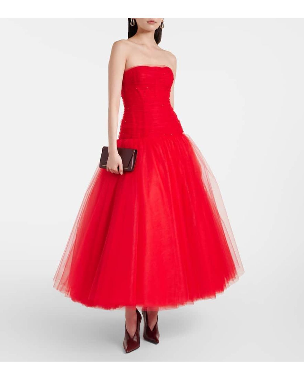 Carolina Herrera Red Embellished Strapless Tulle Gown