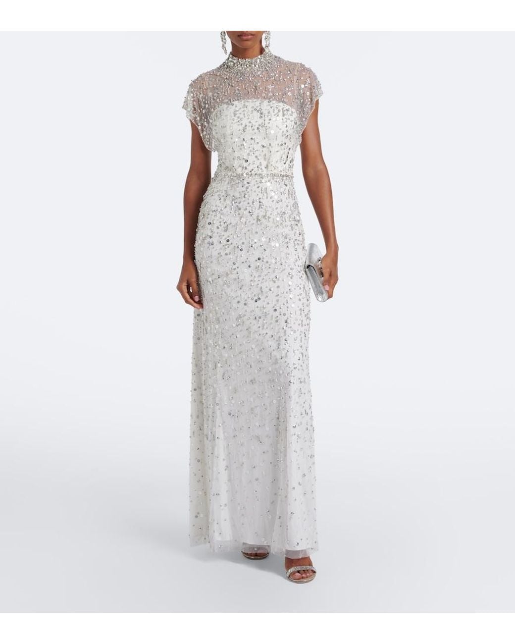 Jenny Packham White Crystal Drop Embellished Gown