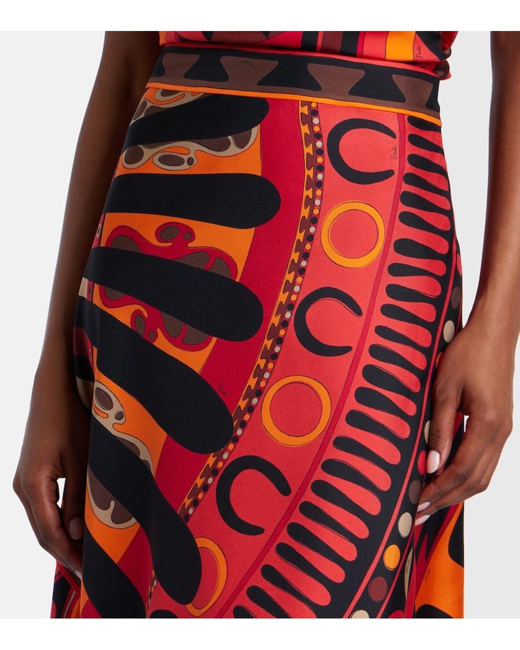 Emilio Pucci Red Soleil Asymmetric Silk Twill Midi Skirt