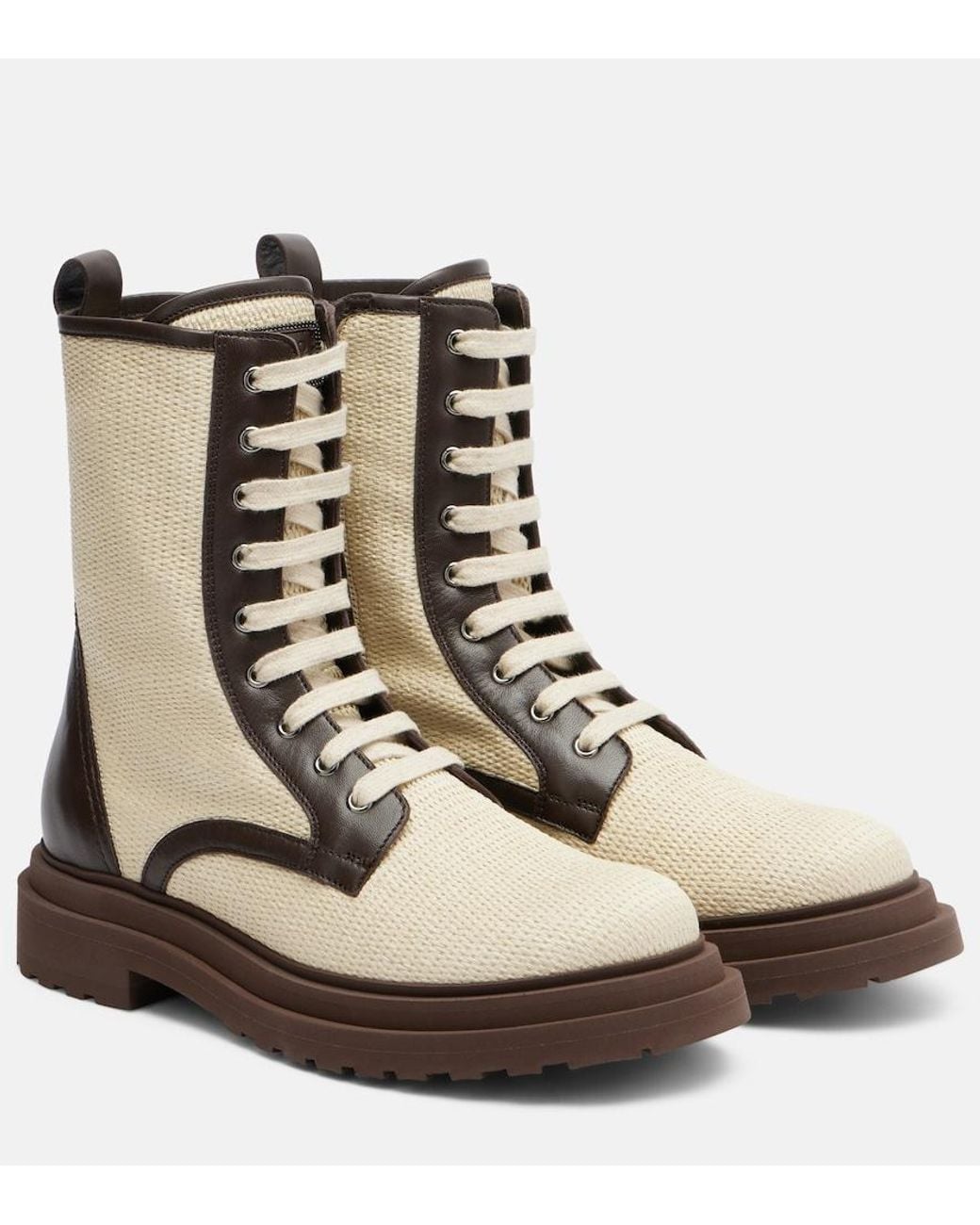 Brunello Cucinelli Natural Leather-Trimmed Lace-Up Boots