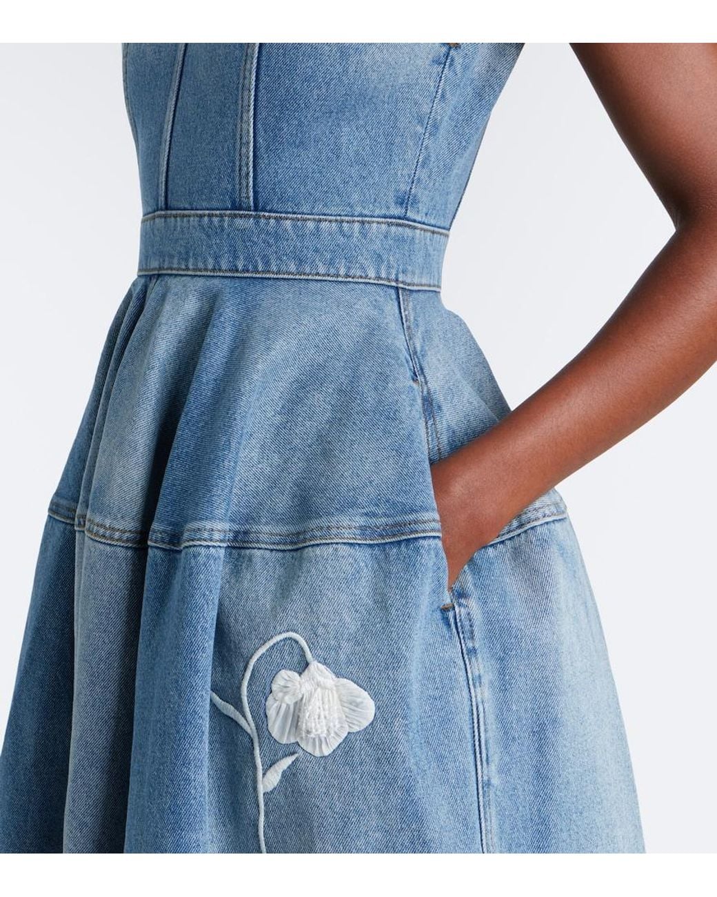 Erdem Blue Floral-Applique Denim Midi Skirt