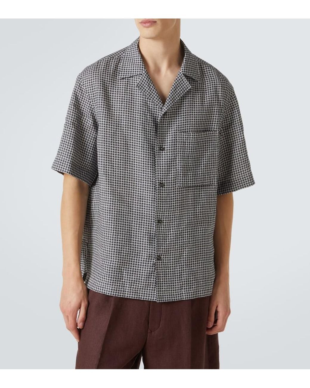 Loro Piana Gray Checked Linen Shirt for men