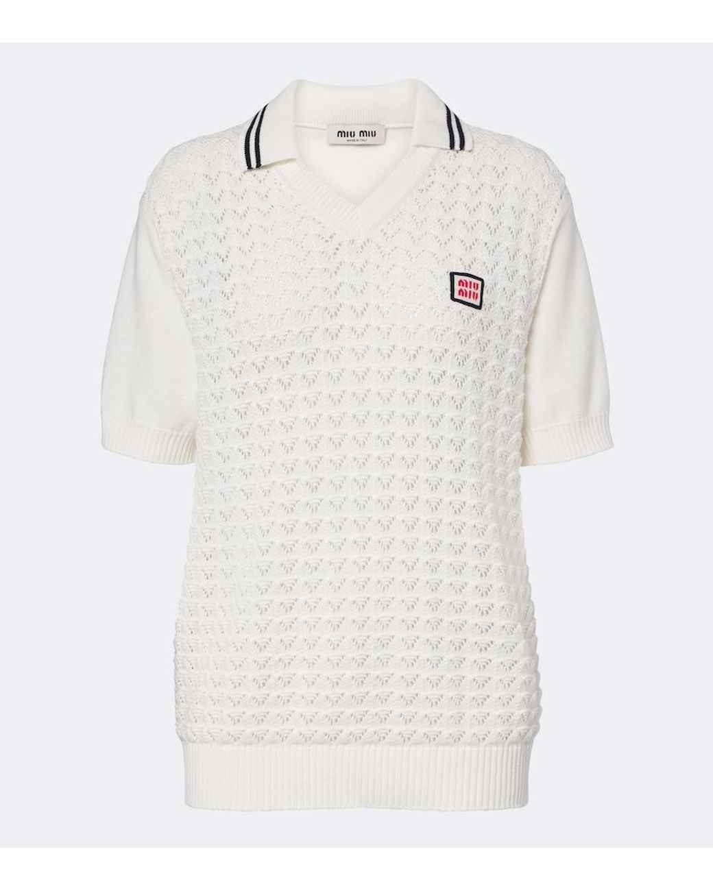Miu Miu White Open-Knit Cotton Polo Shirt