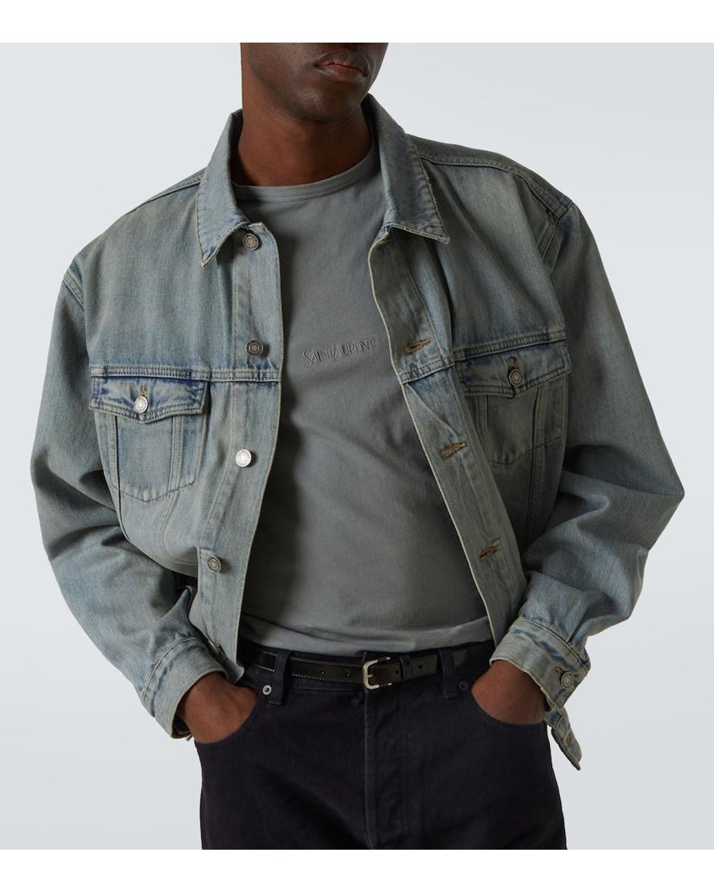 Saint Laurent Gray T-Shirt With Round Neck And Logo Lettering Embroidery On The Front for men