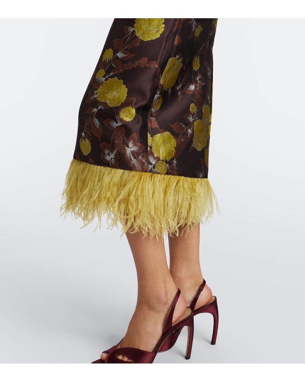 LaDoubleJ Multicolor Devon Feather-Trimmed Jacquard Midi Dress