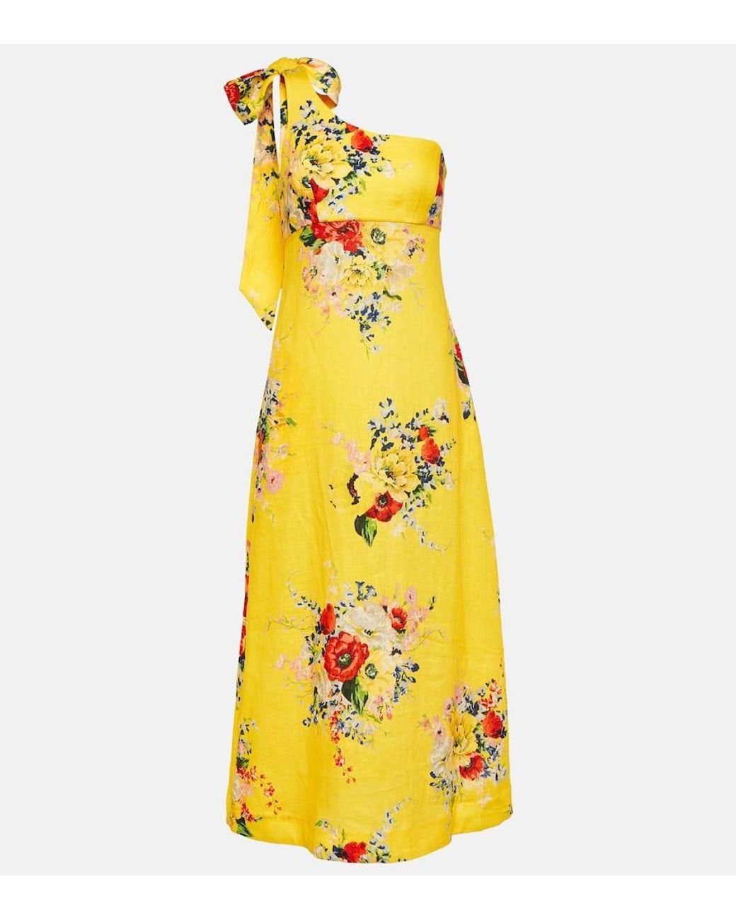 Zimmermann One-Shoulder Floral Linen Midi Dress in Yellow | Lyst