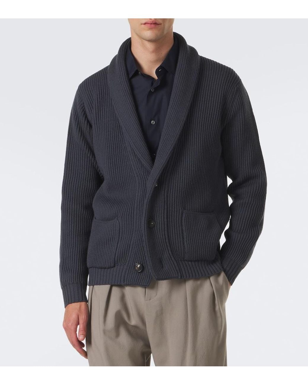 Thom Sweeney Blue Ribbed-Knit Wool Cardigan for men