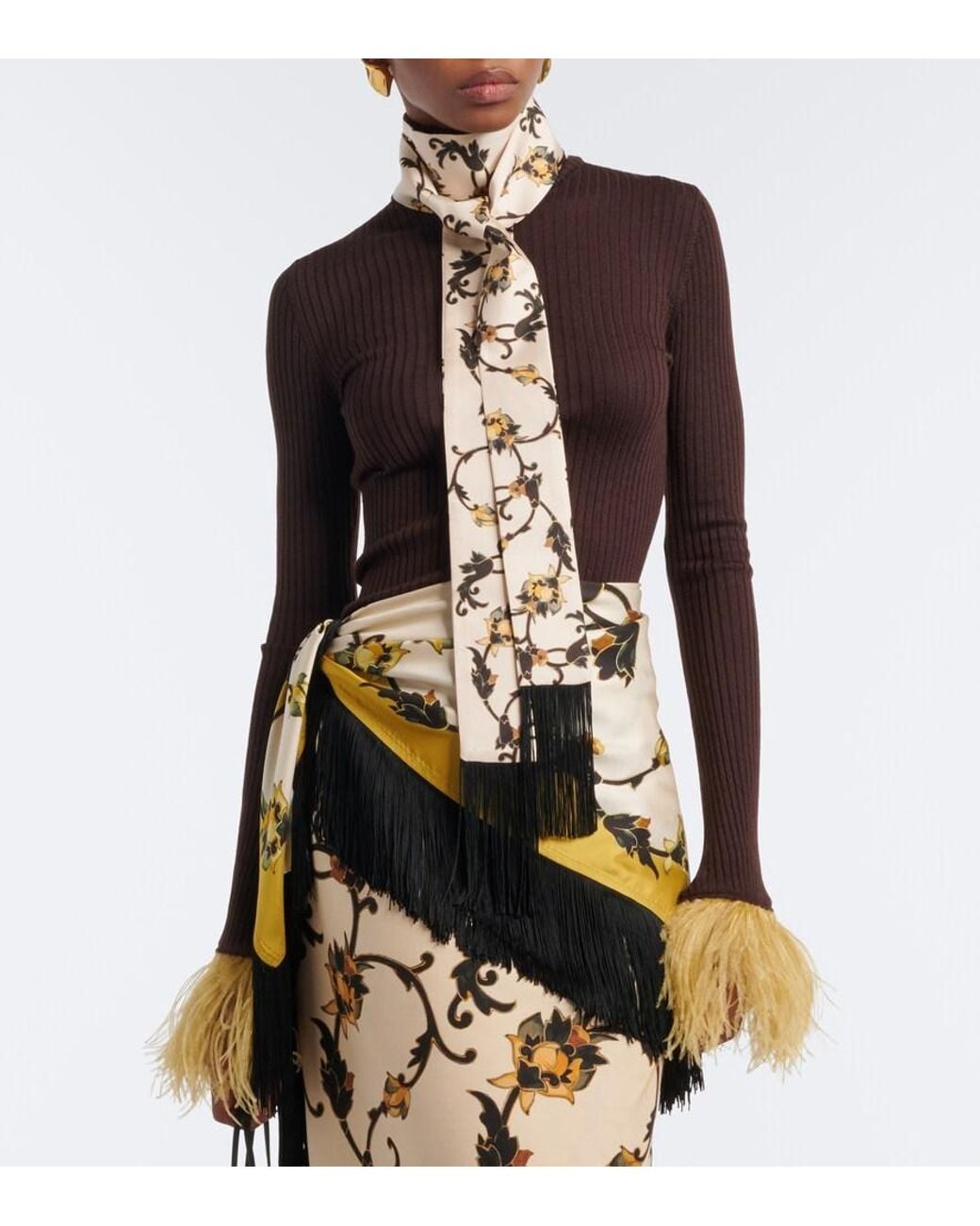 LaDoubleJ Metallic Printed Fringed Silk Twill Scarf