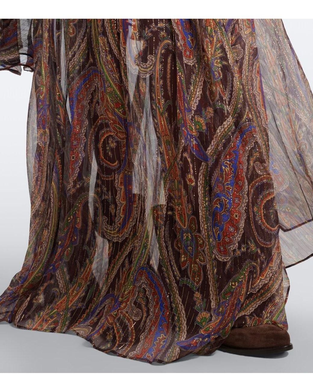 Etro Brown Paisley Ruffled Silk-Blend Crepon Maxi Dress