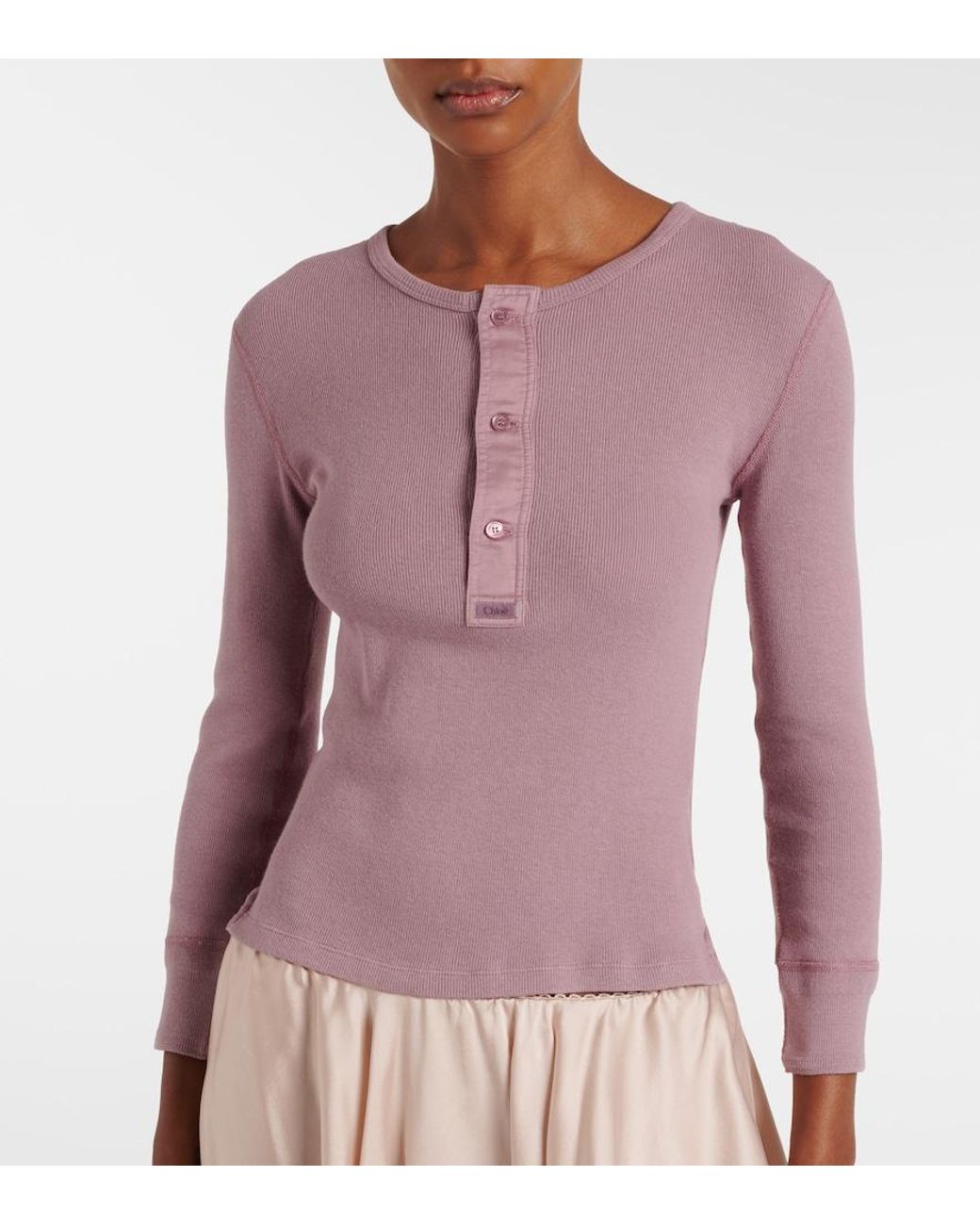 Chloé Pink Ribbed-Knit Cotton Henley Shirt