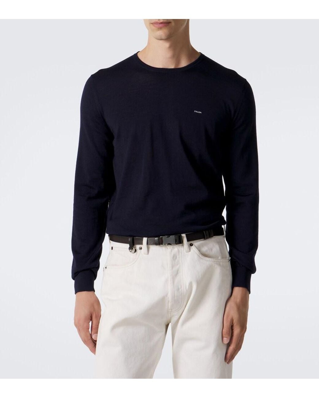Prada Blue Logo Virgin Wool Sweater for men