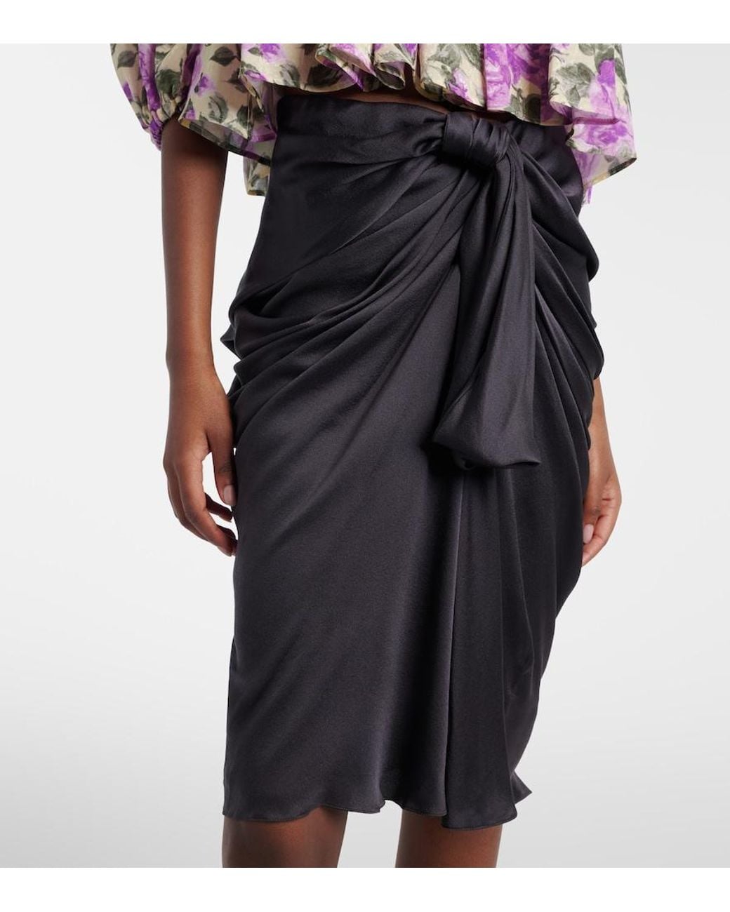 Chloé Black Gathered Silk Satin Midi Skirt