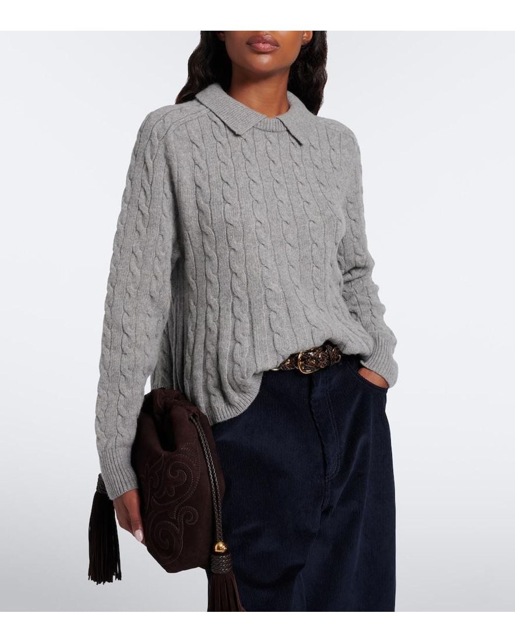 Polo Ralph Lauren Gray Cable-Knit Wool And Cashmere Polo Sweater