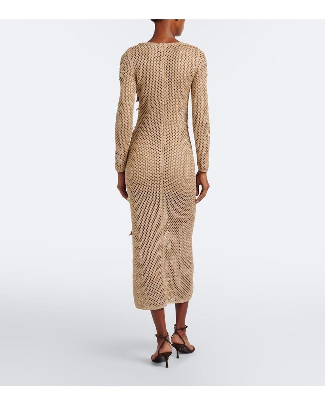Oscar de la Renta Natural Floral-Applique Open-Knit Midi Dress