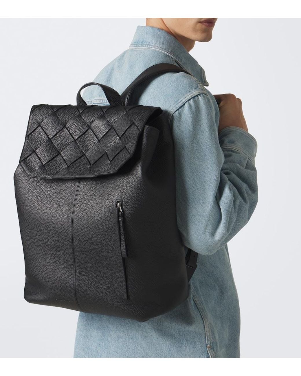 Bottega Veneta Black Diago Intreccio Leather Backpack for men