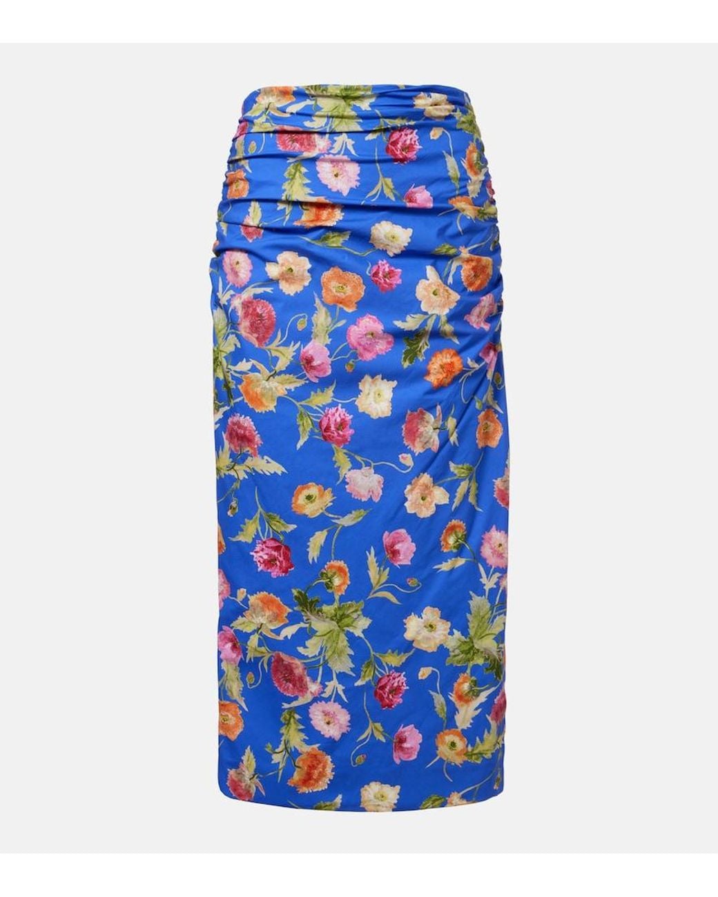 Carolina Herrera Blue Floral Ruched Cotton-Blend Midi Skirt