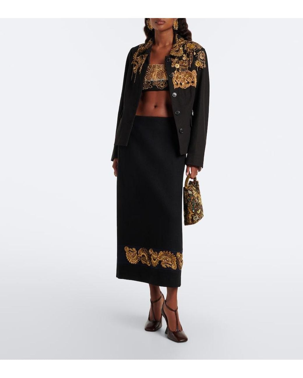 Dries Van Noten Black Embellished Wool-Blend Twill Midi Skirt