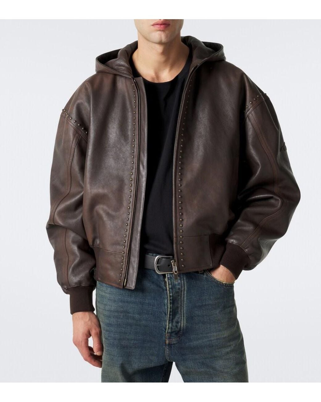 Balenciaga Brown Studded Hooded Leather Jacket for men
