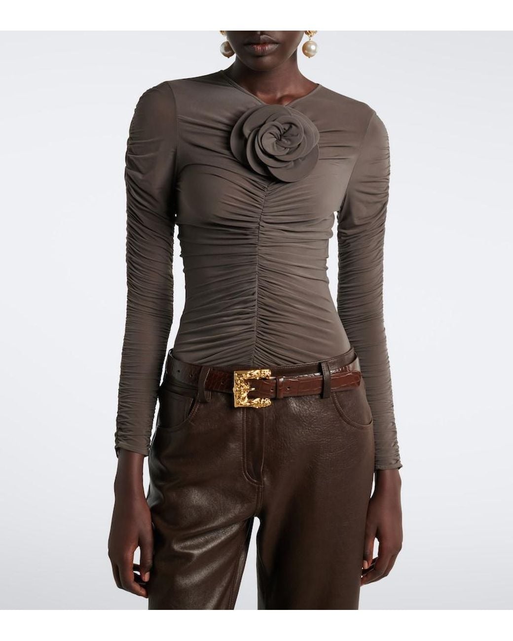 Magda Butrym Brown Floral-Applique Ruched Top