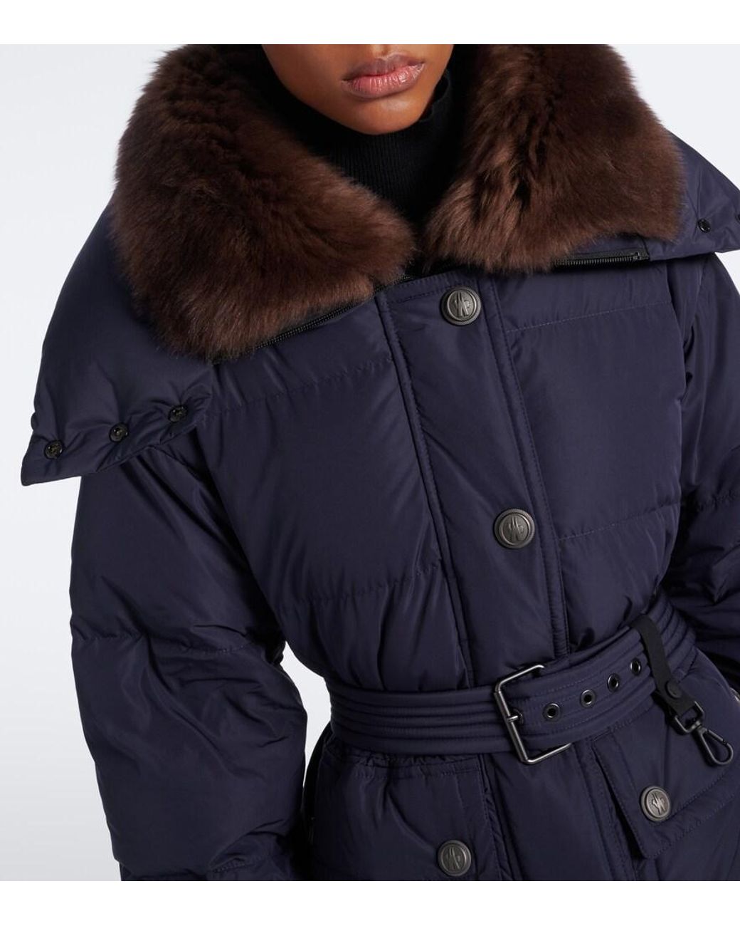 Moncler Blue Gelisette Shearling-Trimmed Down Coat