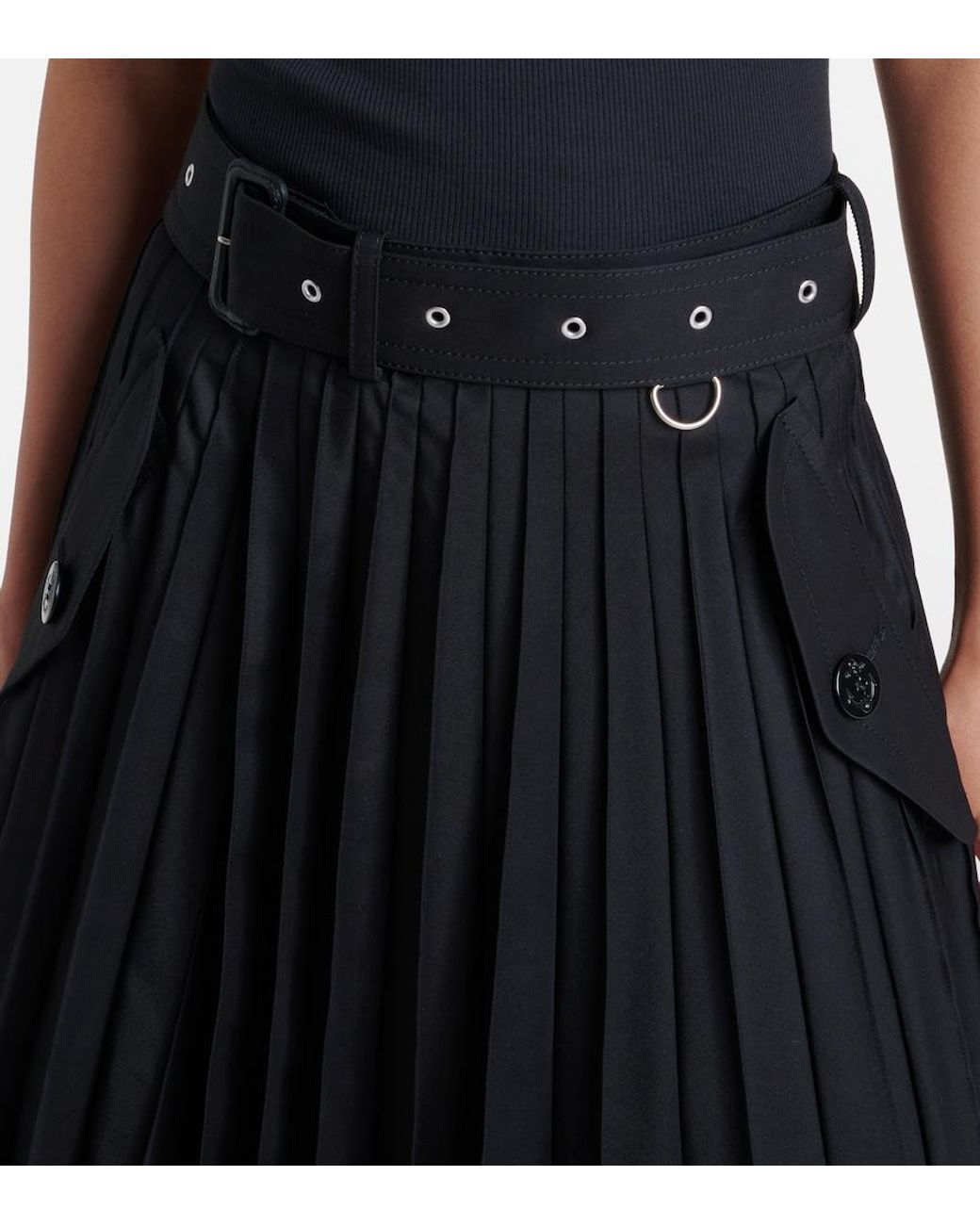 Sacai Black Belted Cotton-Blend Gabardine Midi Skirt