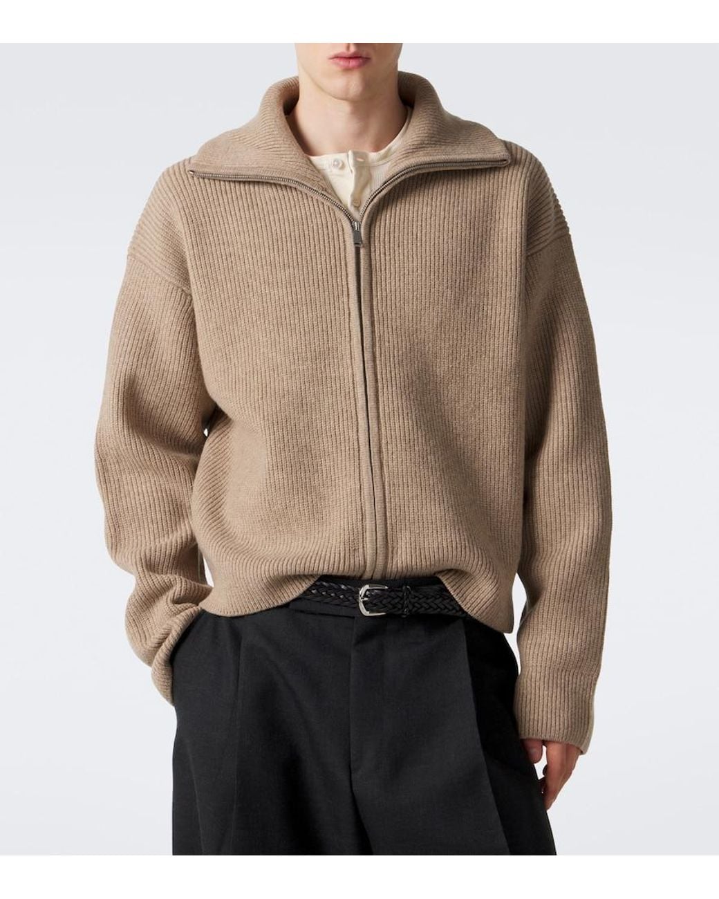 Studio Nicholson Natural Ribbed-Knit Wool Zip-Up Sweater for men