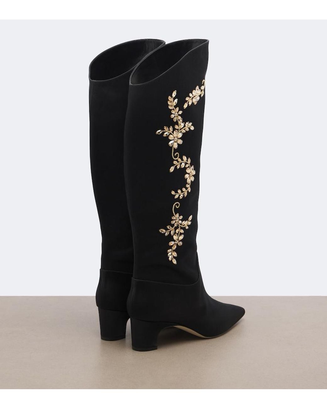Manolo Blahnik Black Dispasa Embellished Satin Knee-High Boots