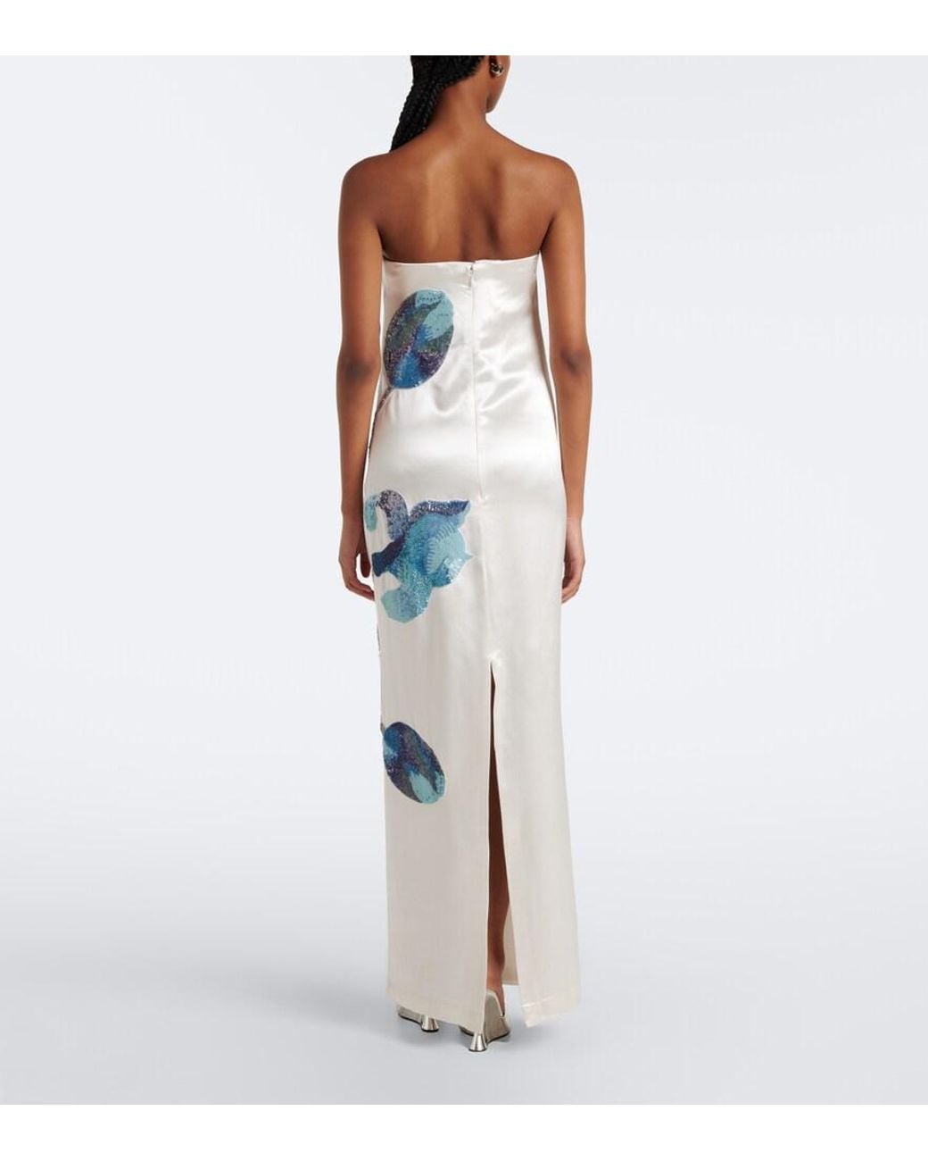La Fuori Blue Floral Sequined Sik Satin Gown