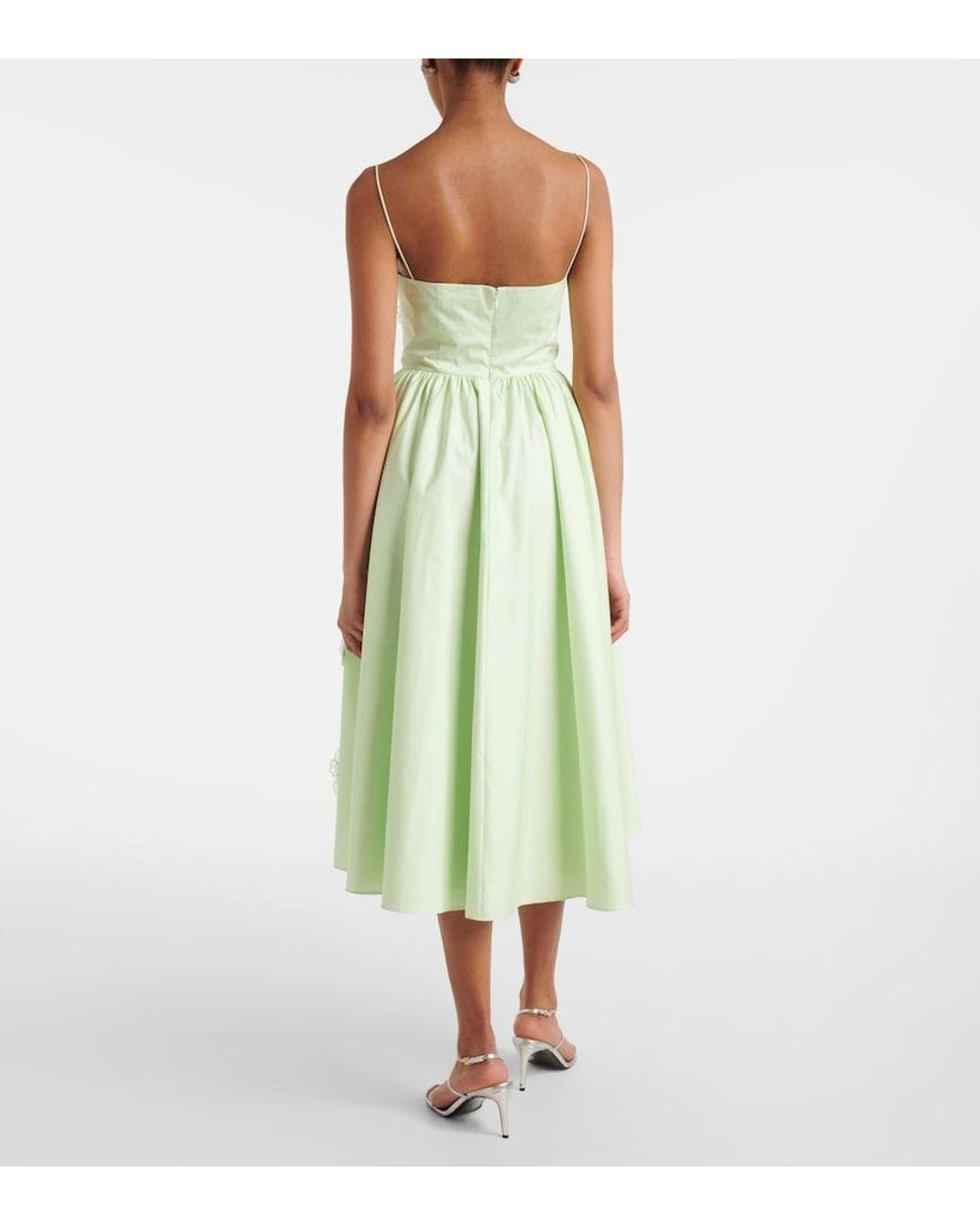 Self-Portrait Green Floral-Applique Cotton Poplin Midi Dress