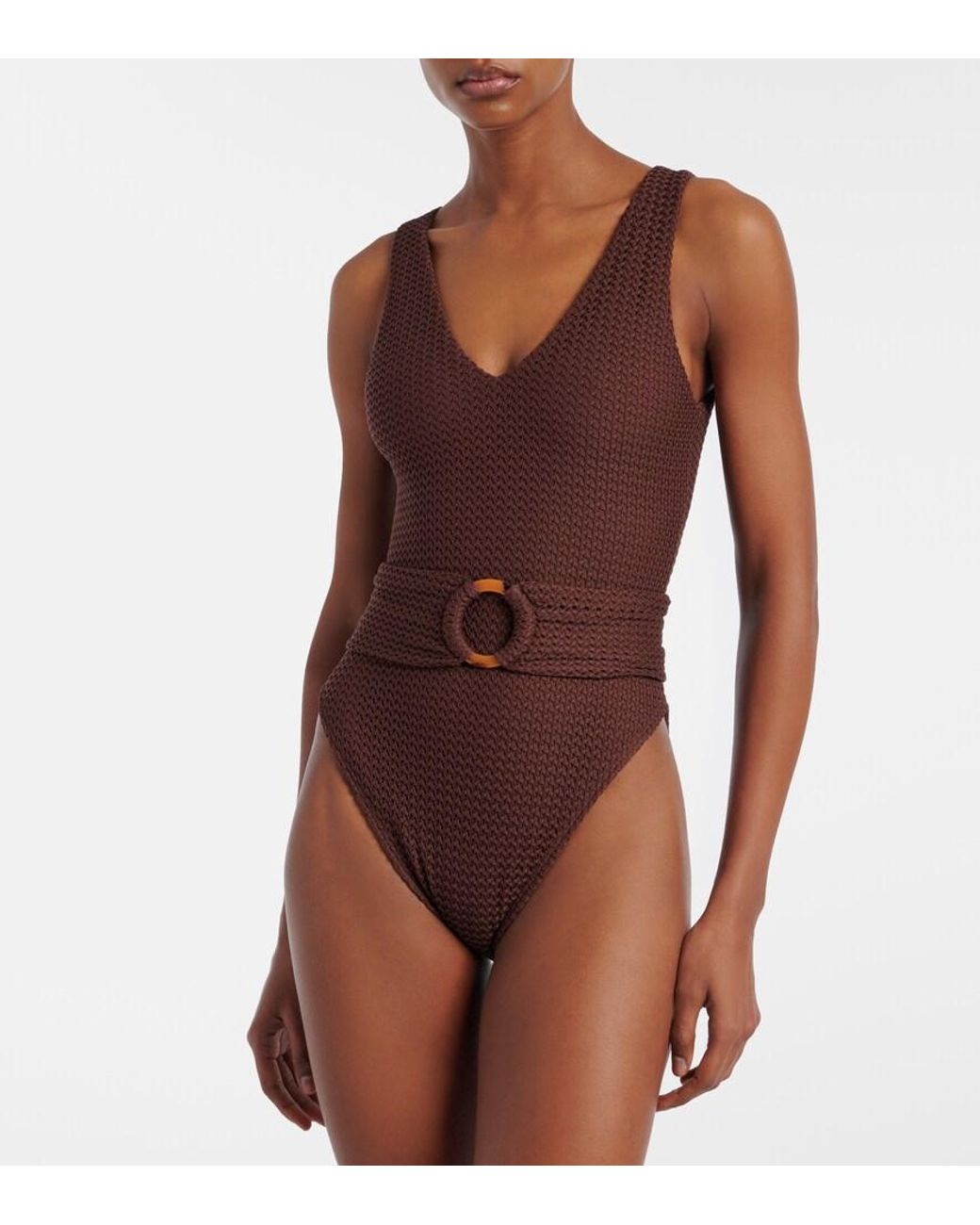 Montce Brown Kim Belted Crochet Swimsuit