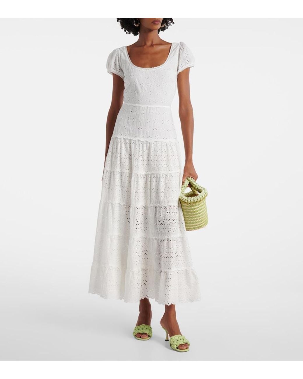Rixo White Remi Broderie Anglaise Cotton Midi Dress