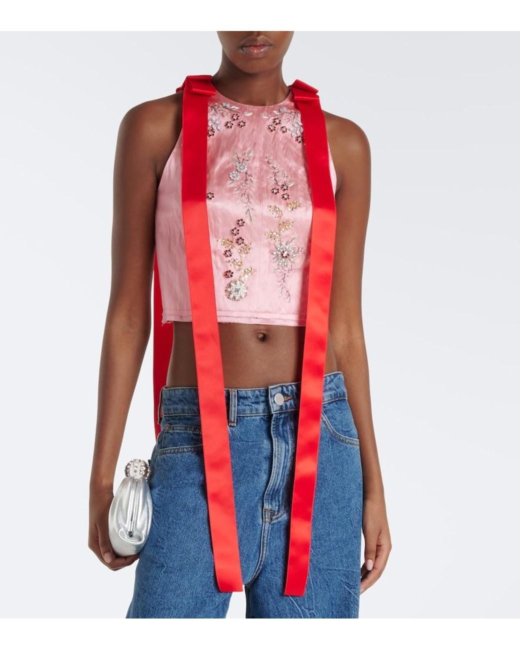Erdem Red Bow-Detail Embellished Satin Crop Top