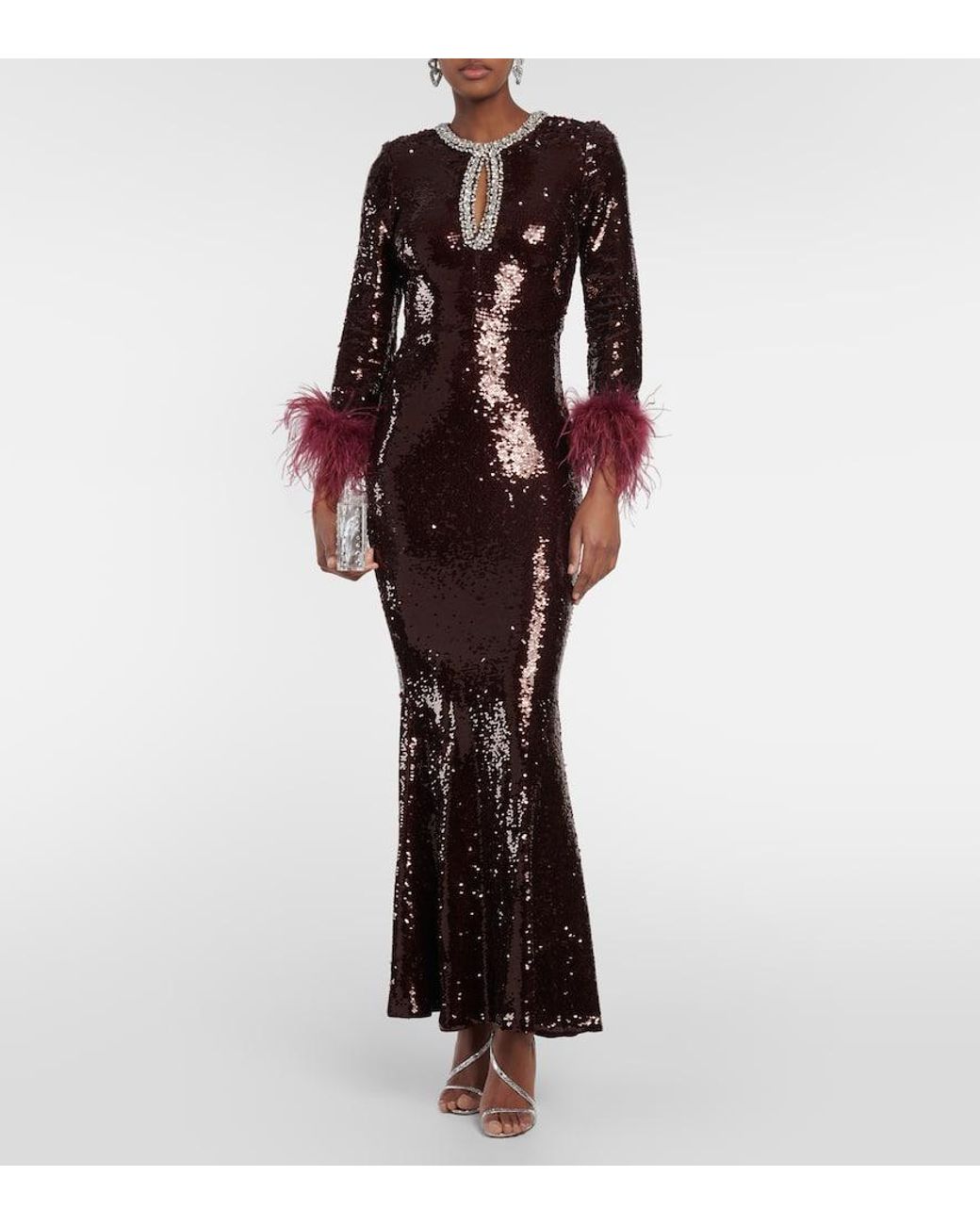 関税込【Self-portrait】Feathertrimmed embellished maxi dress Self-Portrait Feather-Trimmed Sequined Maxi Dress in Red | Lyst
