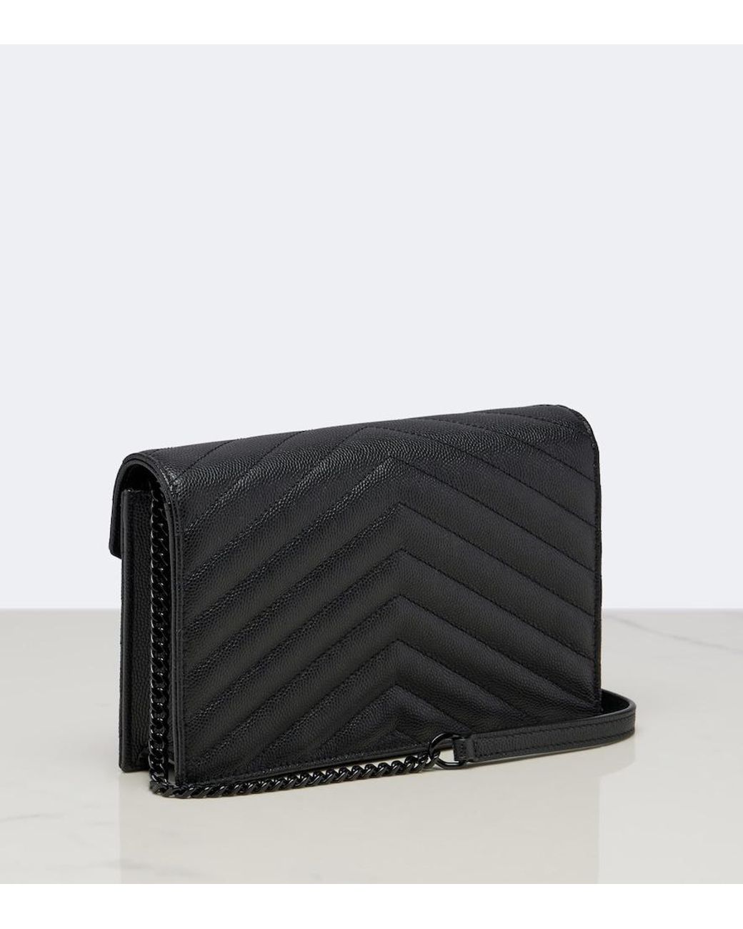 Saint Laurent Black Cassandre Envelope Leather Wallet On Chain