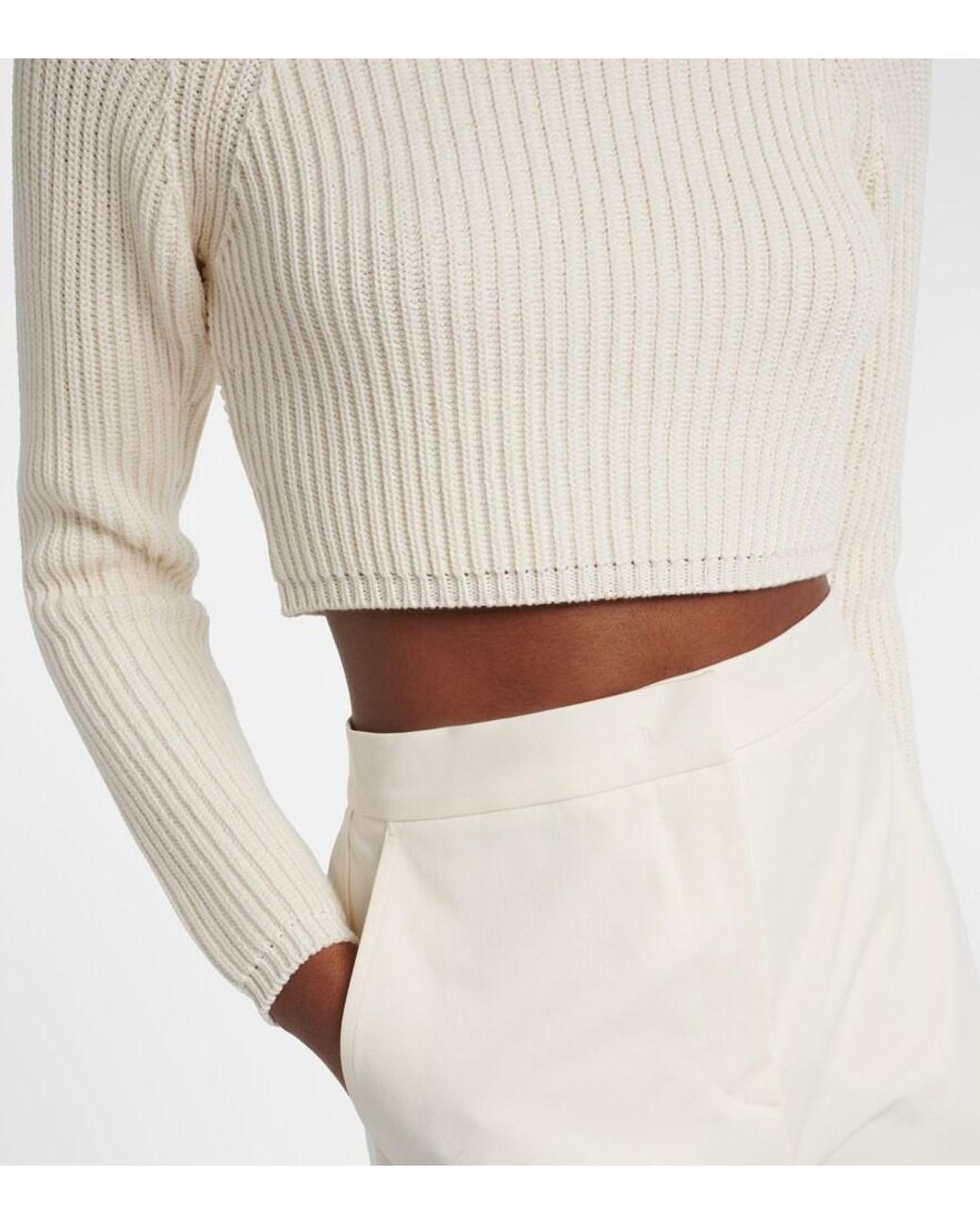Max Mara White Campo Ribbed-Knit Cropped Turtleneck Sweater