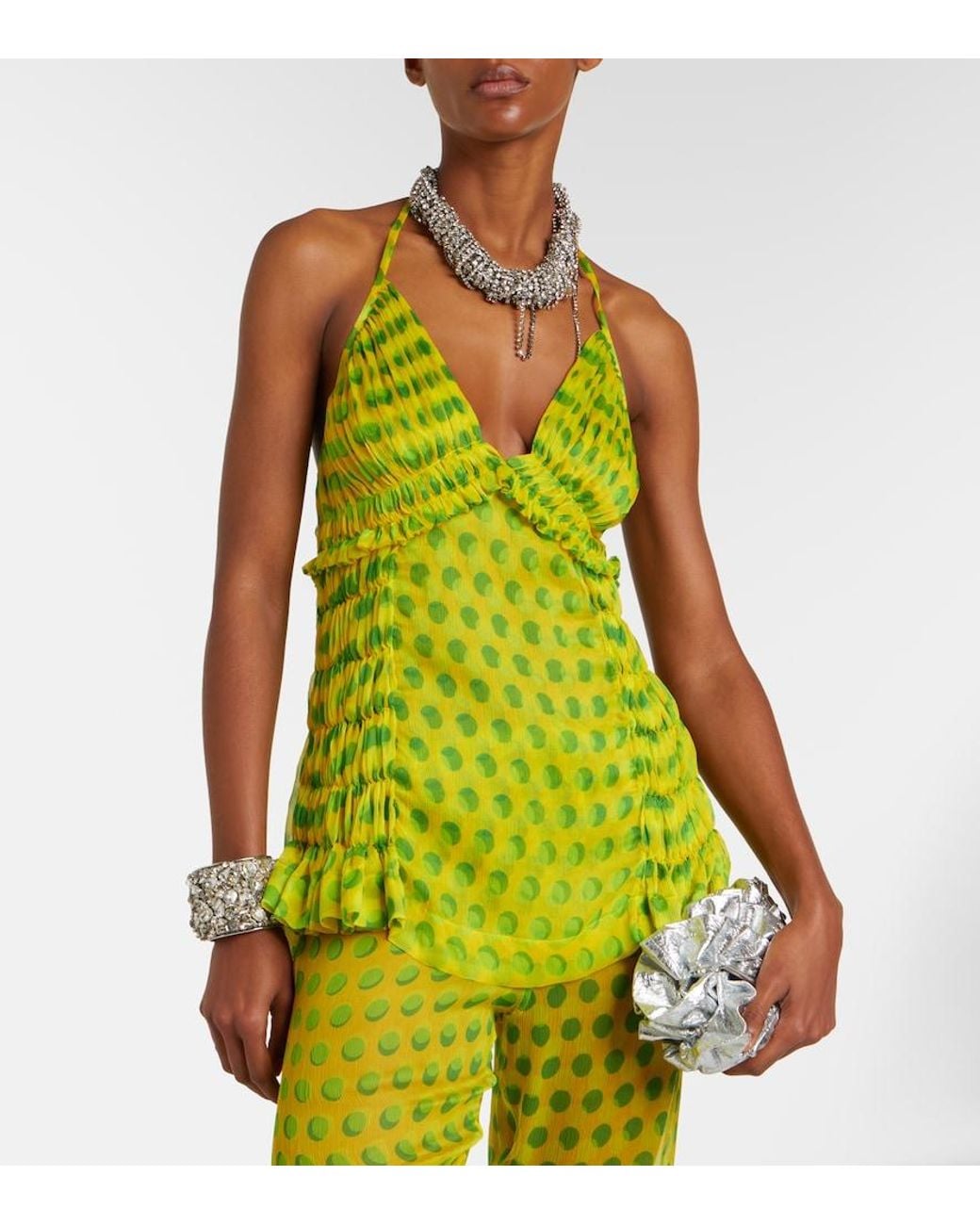 Dries Van Noten Green Polka-Dot Halterneck Silk Top