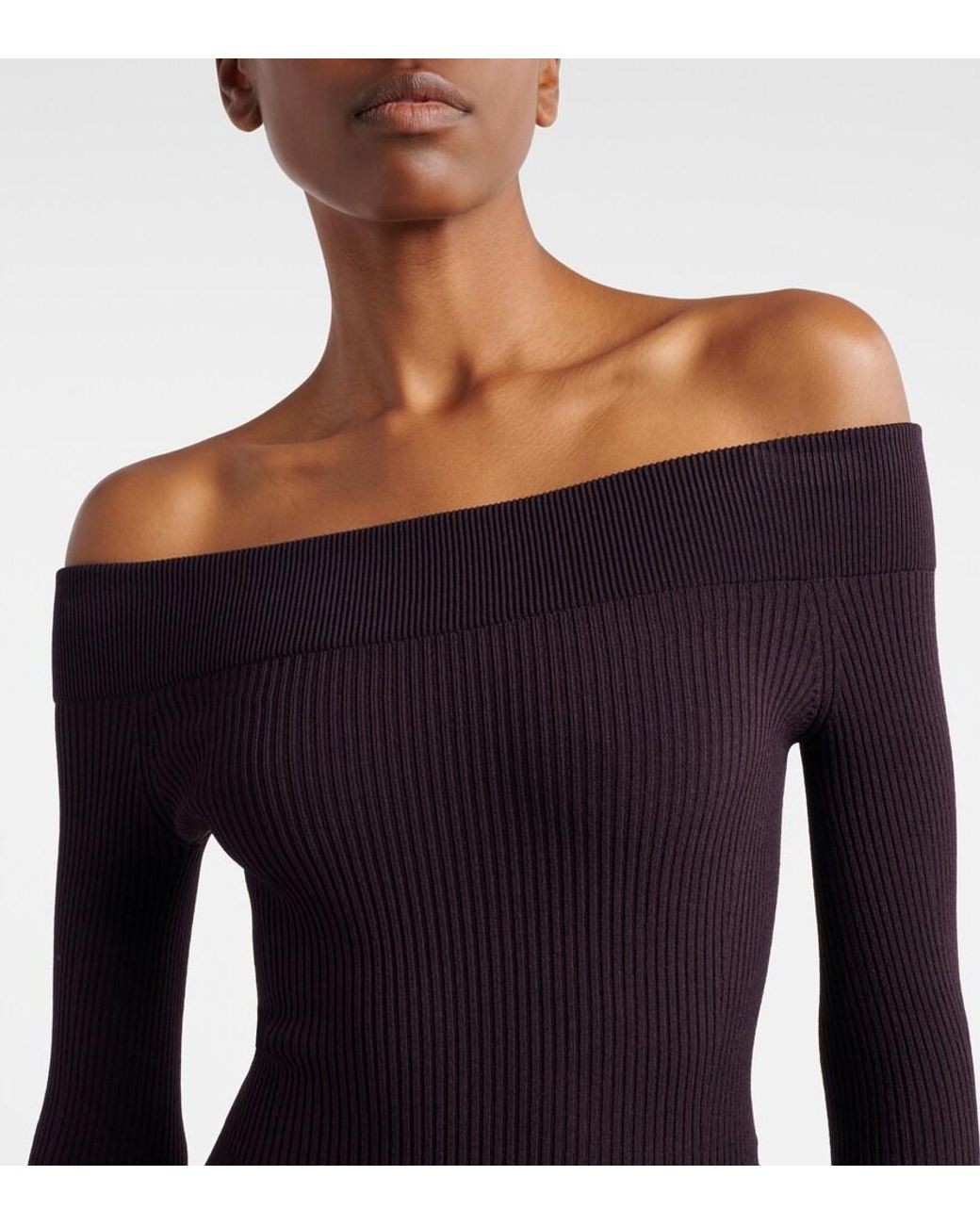Alaïa Blue Ribbed-Knit Off-Shoulder Bodysuit