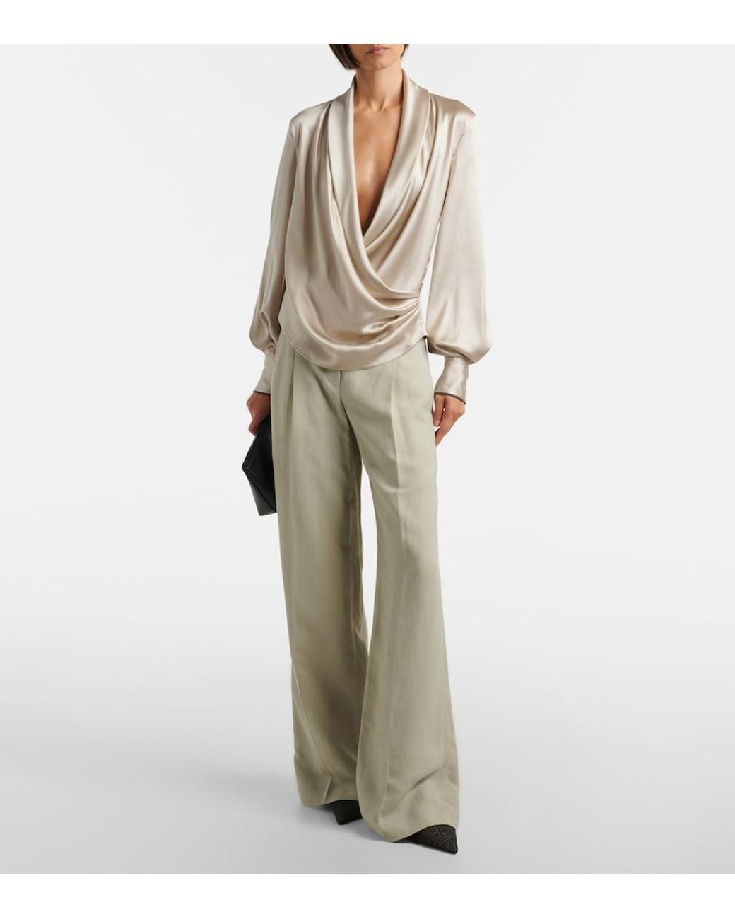 Brunello Cucinelli Gray Draped Silk-Blend Satin Blouse