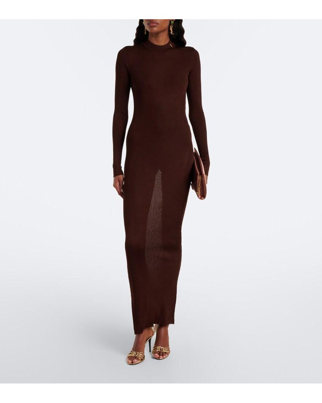 Saint Laurent Brown Cassandre Ribbed-Knit Silk Maxi Dress