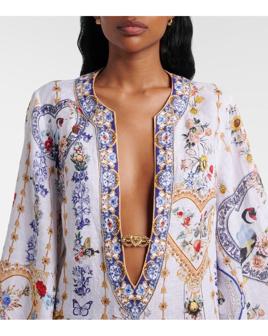 Camilla White Cutout Printed Linen Kaftan