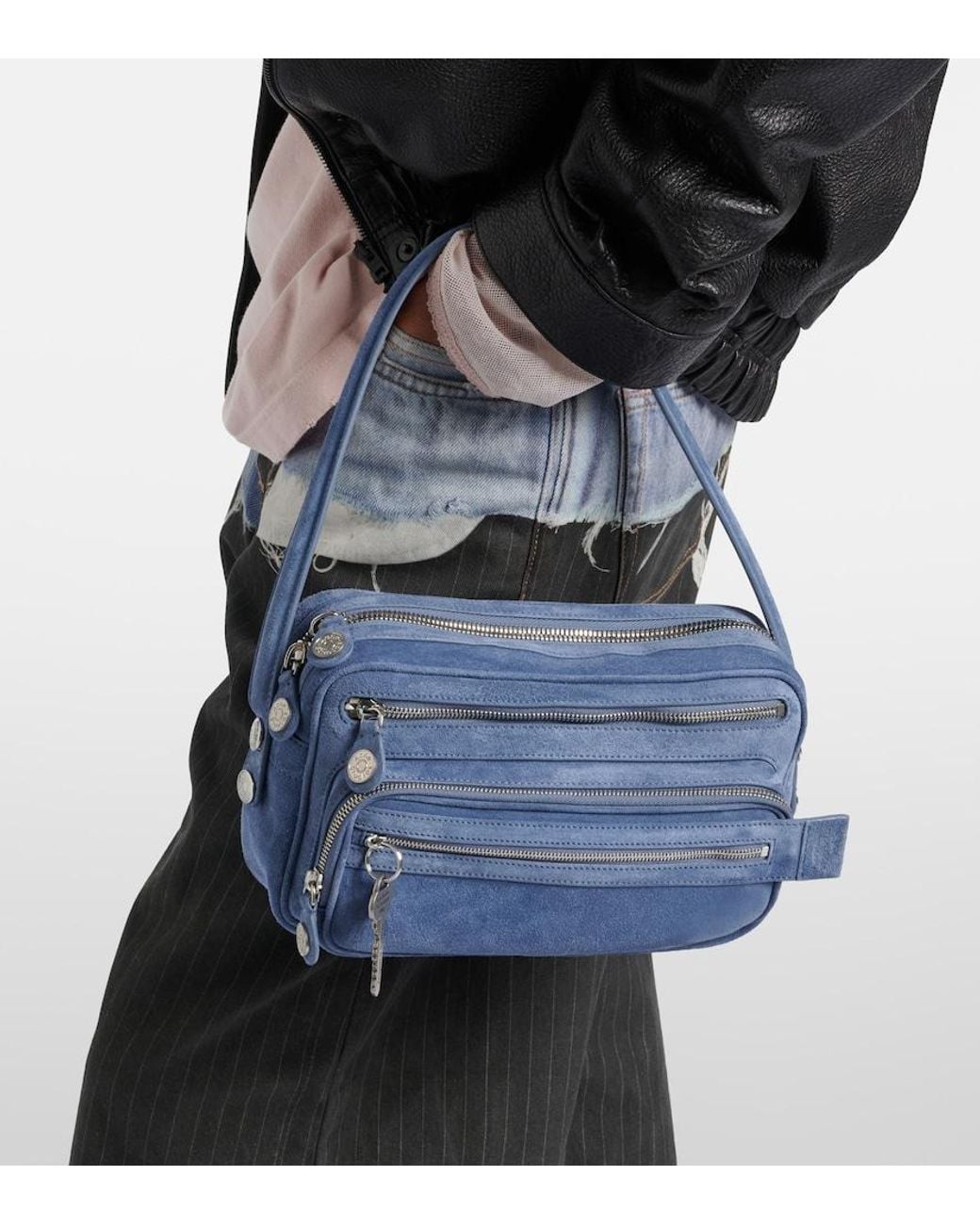 Acne Blue Schultertasche Camero Party Aus Veloursleder