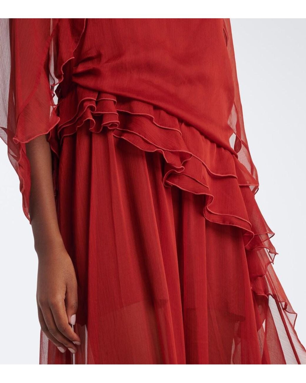 JACQUES WEI Red Ruffled Chiffon Gown